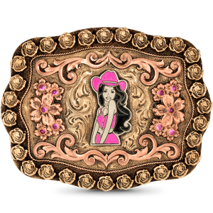 A custom women's belt buckle built on a golden bronze base featuring roses, copper scrolls, flowers and a personalized cowgirl figure or logo